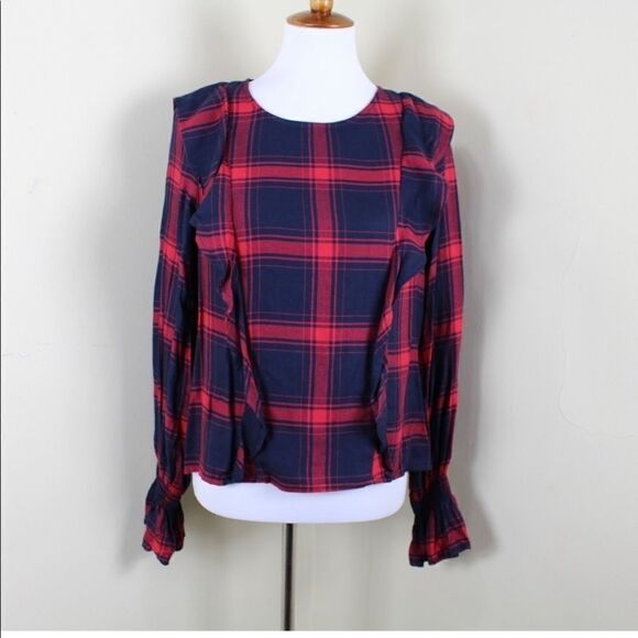 Kenzie Jeans Long Sleeve Ruffle Plaid Blouse large - Picture 3 of 5